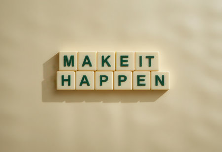 A creative arrangement of letter blocks spelling "Make It Happen" against a soft background, symbolizing motivation, inspiration, and the pursuit of goals.の素材