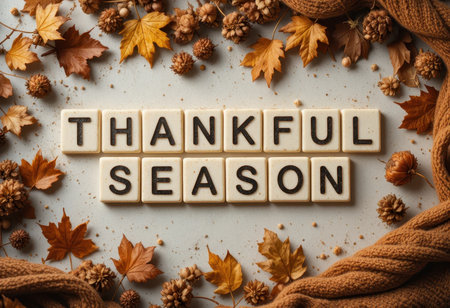 This cozy autumn-themed image features letter tiles spelling "Thankful Season," surrounded by colorful leaves and decorative elements, perfect for fall celebrations.の素材