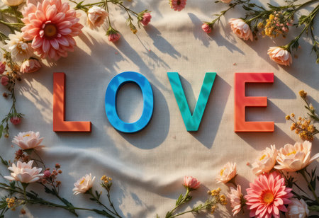 A vibrant arrangement featuring colorful letters spelling "LOVE" surrounded by delicate flowers, ideal for capturing emotions and creating beautiful romantic moments.の素材