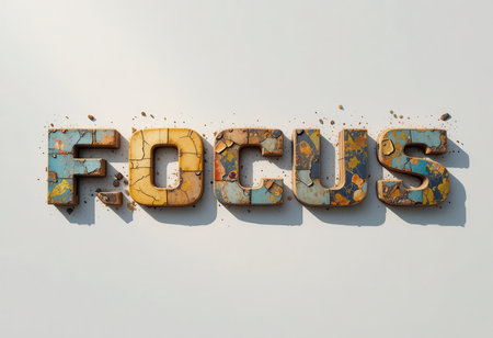 This artwork features the word "FOCUS" crafted in a colorful, textured design, symbolizing creativity and concentration. Perfect for artistic projects or motivational pieces.の素材