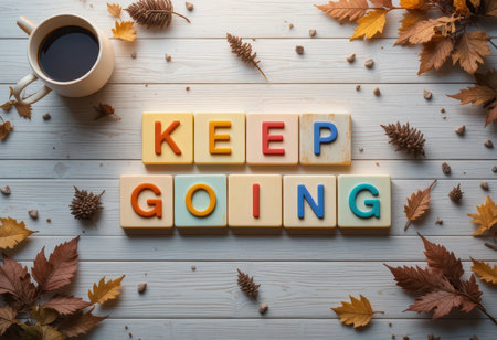 A vibrant flat lay featuring colorful letters spelling "KEEP GOING" amid autumn leaves, a coffee cup, and natural decor, symbolizing motivation and inspiration.の素材