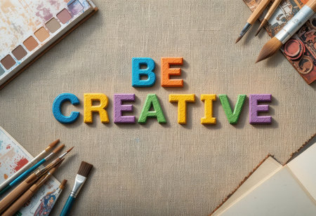 Colorful letters spell out "Be Creative" surrounded by art supplies. This vibrant image inspires artistic expression and imaginative endeavors in a bright workspace.の素材