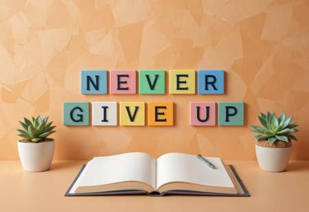 A creative workspace scene featuring a motivational message "Never Give Up" made from colorful tiles, an open notebook, and charming succulents, emphasizing positivity.の素材