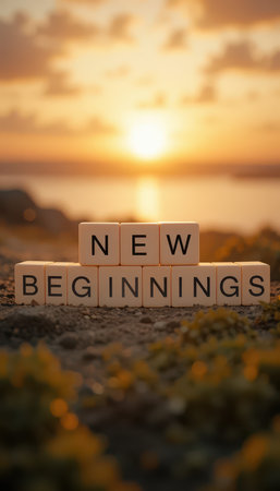 A serene image capturing the phrase 'New Beginnings' crafted from blocks against a stunning sunset. This scene evokes feelings of hope and fresh starts.の素材