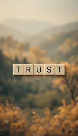 A serene image showcasing the word "TRUST" spelled out with wooden blocks against a soft-focused nature background, symbolizing connection and reliability.の素材