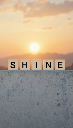 A warm sunrise casts a beautiful glow over blocks spelling "SHINE," symbolizing positivity and inspiration. Ideal for motivational themes and presentations.の素材