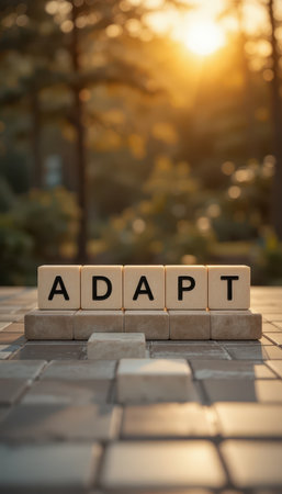 The image showcases wooden blocks spelling "ADAPT" amid a serene natural backdrop at sunset, symbolizing growth and transformation in life and mindset.の素材