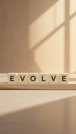 A minimalistic composition featuring the word "Evolve" in block letters, symbolizing personal growth and transformation in a serene environment.の素材