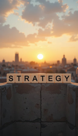 A captivating sunset view over a cityscape, featuring wooden blocks spelling 'STRATEGY.' This image symbolizes business planning and creative thinking, perfect for showcasing motivation and achievement.の素材
