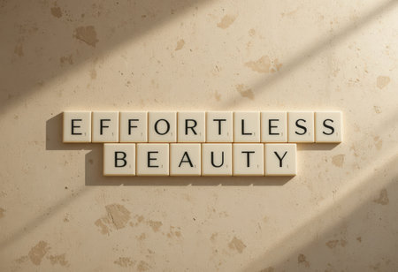 This image features letter tiles arranged to spell "Effortless Beauty" on a neutral surface, illuminated softly by natural light, creating a serene and artistic atmosphere.の素材