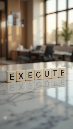 A motivational wooden letter arrangement spells "EXECUTE" on a marble table in a modern office. This setting inspires focus and determination for professionals.の素材