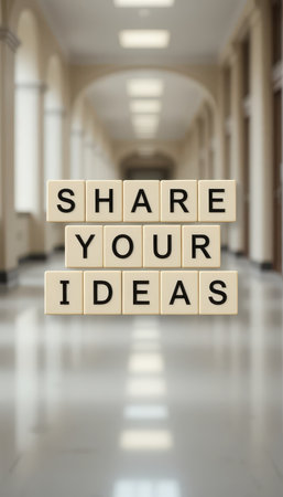 A motivational concept image showcasing the words "Share Your Ideas" in an inspiring open space. Perfect for themes of collaboration, creativity, and innovation.の素材