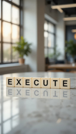 A close-up view of letter blocks spelling 'EXECUTE' on a polished marble surface, reflecting a modern office environment filled with natural light, symbolizing focus and productivity.の素材
