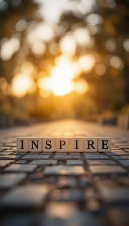 A serene image featuring wooden blocks spelling "INSPIRE" with a blurred background, capturing the essence of motivation and positivity in nature.の素材