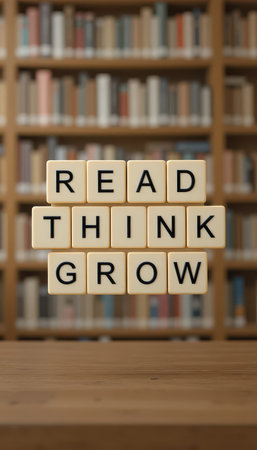 The image features inspirational words "Read, Think, Grow" displayed on tiles in a library, emphasizing the importance of education, knowledge, and personal development in a serene environment.の素材