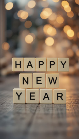A cheerful display of letter blocks spelling "Happy New Year" against a softly blurred background of warm lights, evoking a festive holiday spirit and joyful celebrations.の素材