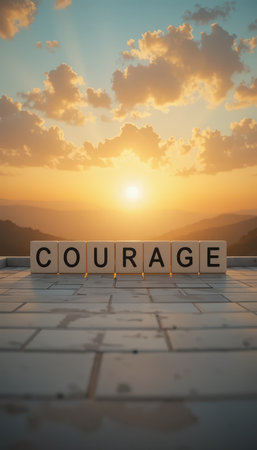A visually stunning scene featuring the word "Courage" in block letters against a breathtaking sunset. This image captures the essence of hope and motivation.の素材