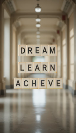 A tranquil hallway features inspirational words "Dream," "Learn," and "Achieve" displayed on blocks, symbolizing motivation and personal growth in education.の素材