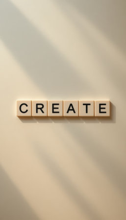 This image captures the word "CREATE" formed with wooden blocks, illuminated by soft light and shadows, ideal for themes of inspiration and creativity.の素材