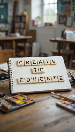 A creative classroom scene features a motivational message "Create to Educate" on a desk surrounded by art supplies. Ideal for education and creativity themes.の素材