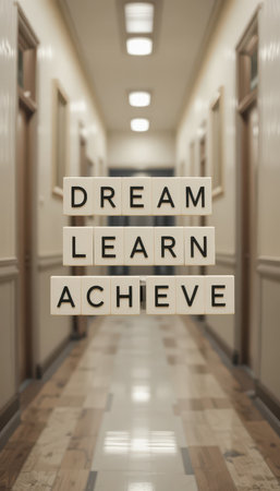 Inspirational words "Dream, Learn, Achieve" displayed in a school hallway, symbolizing motivation and aspiration for students and educators in an academic environment.の素材