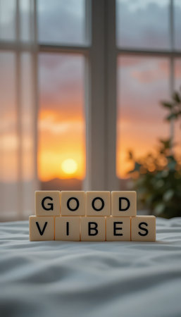A soothing scene featuring blocks spelling "Good Vibes" in front of a stunning sunrise. This image evokes feelings of positivity and serenity, perfect for inspiring decor.の素材