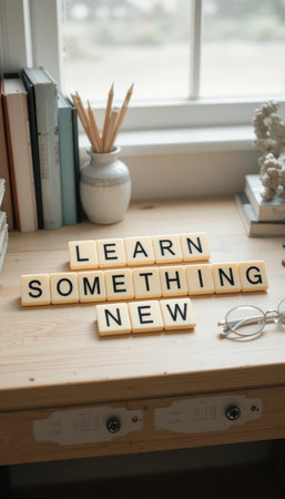 A serene workspace featuring letters spelling "Learn Something New," accompanied by books, stationery, and a tranquil atmosphere perfect for fostering creativity and productivity.の素材