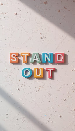 Vibrant letters spell out "Stand Out" on a textured light background, creating a cheerful and modern visual that's perfect for inspiration and decoration.の素材
