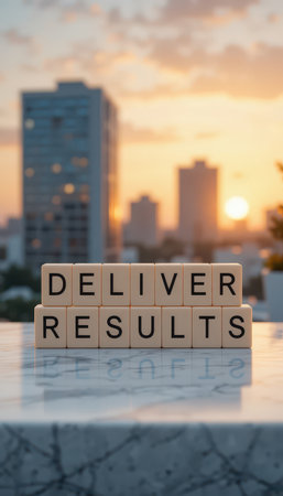 Close-up of wooden blocks spelling out "Deliver Results" against a blurred city sunset. This image symbolizes motivation, inspiration, and focus in achieving goals.の素材
