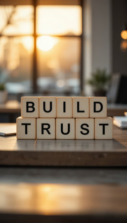 A thoughtful arrangement of blocks spelling "Build Trust" in a warm, inviting workspace. This image conveys the essential values of trust and communication in personal and professional relationships.の素材