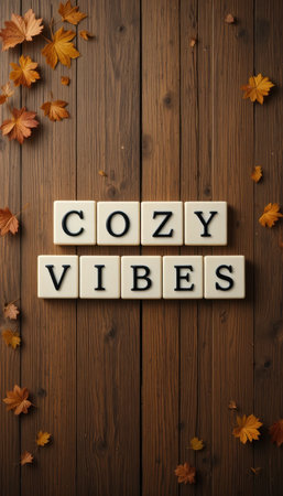A warm and inviting scene showcasing the phrase "Cozy Vibes" with autumn leaves on a wooden background, perfect for seasonal dの素材