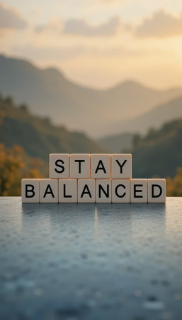 Inspirational message "Stay Balanced" displayed on wooden blocks against a serene nature backdrop, showcasing beautiful mountains and a tranquil sunset.の素材