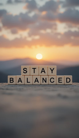 A tranquil scene featuring wooden blocks spelling "STAY BALANCED" with a serene sunrise backdrop. This image inspires mindfulness and positivity in life.の素材