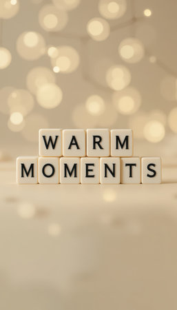 An artistic arrangement of letter blocks spelling "Warm Moments" illuminated by soft, glowing lights, evoking feelings of coziness and inspiration perfect for decor or motivation.の素材