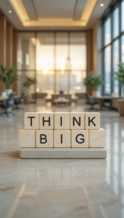 A motivational scene featuring "Think Big" blocks in a modern office setting. The interior showcases sophistication, encouraging a mindset of ambition and success.の素材