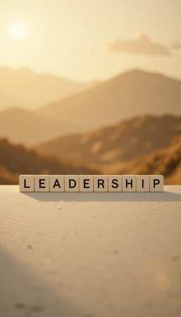 A compelling scene showcasing a word "Leadership" spelled with wooden blocks in a serene mountain backdrop, symbolizing motivation and inspiration for personal growth and achievement.の素材