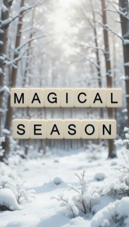 A serene snowy forest scene featuring the words "Magical Season" displayed with letter blocks, capturing the enchanting beauty of winter outdoors.の素材