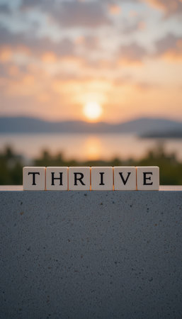 Wooden blocks spell the word "Thrive" against a serene sunset backdrop, conveying a message of inspiration and growth, perfect for motivational themes.の素材