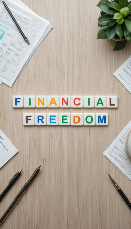 This image conveys the concept of financial freedom using colorful letters on a wooden desk, surrounded by office supplies and a green plant, promoting motivation and success.の素材
