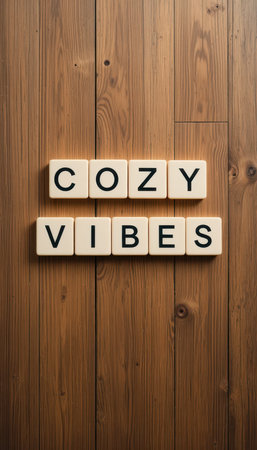 A warm and inviting image featuring letter tiles spelling "Cozy Vibes" on a wooden floor, perfect for conveying comfort and relaxation in home decor.の素材