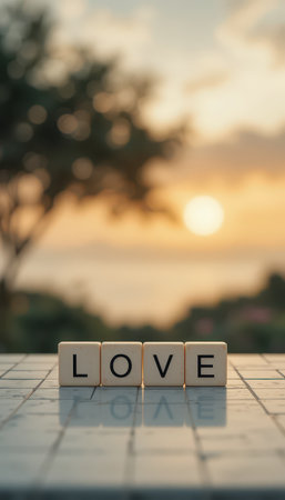 A close-up of wooden letters spelling "love" with a stunning sunset as the background, creating a perfect romantic atmosphere for any special occasion.の素材
