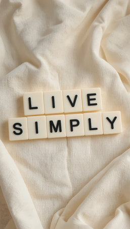 A serene display featuring a motivational message "Live Simply" set against a soft fabric background. Perfect for promoting mindfulness, simplicity, and positive living.の素材