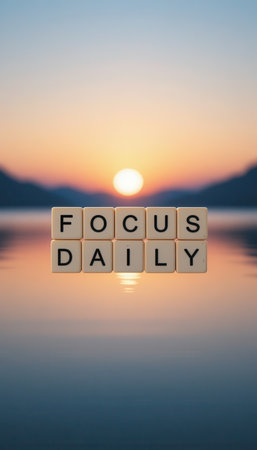 A serene sunset reflects on water with the motivational phrase "Focus Daily" in view. Perfect for inspiration, personal growth, and positivity themes.の素材