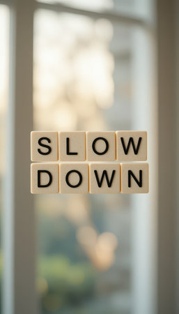 A close-up of letter tiles displaying the words "SLOW DOWN" against a soft, blurred natural background. This image conveys a peaceful and mindful approach to life.の素材