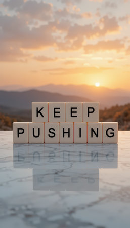 A serene sunset illuminates a motivational phrase made of blocks on a marble surface, symbolizing perseverance and personal growth. Perfect for inspiration.の素材