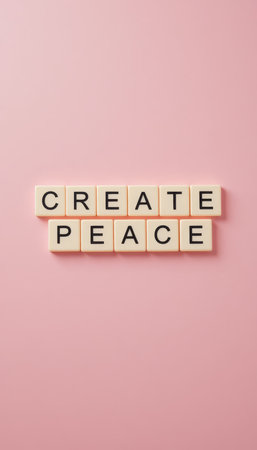 The image features letter tiles spelling "Create Peace" against a soft pink background, conveying a message of positivity and creativity. Perfect for inspirational concepts.の素材