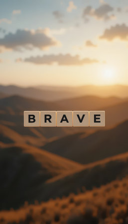 A stunning sunset illuminates a mountainous landscape, featuring the word "BRAVE" crafted in block letters. This image evokes feelings of inspiration and courage.の素材