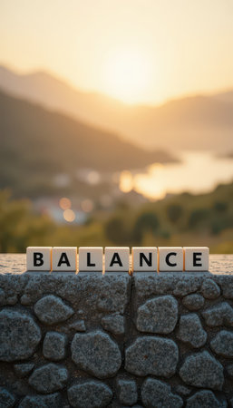 A beautiful arrangement of stones spelling out "BALANCE" against a stunning sunset. This scene evokes feelings of tranquility and mindfulness, perfect for wellness themes.の素材