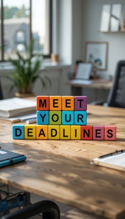 Colorful blocks displaying the phrase 'Meet Your Deadlines' create an inviting workspace atmosphere. Ideal for motivating productivity in a modern office or study environment.の素材