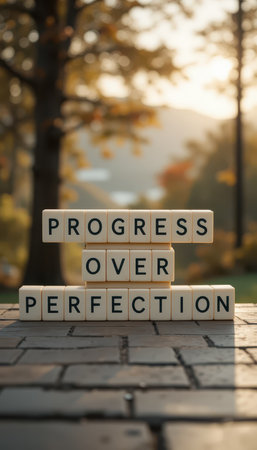 A motivational display of wooden blocks stating "Progress Over Perfection" against a serene outdoor backdrop, encouraging a positive mindset and personal growth journey.の素材